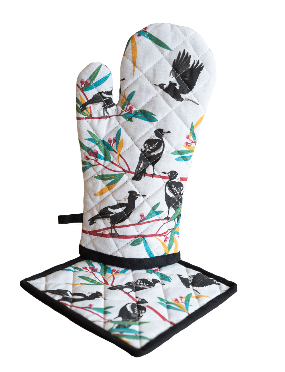 Magpies Oven Mitt + Pot Holder Set