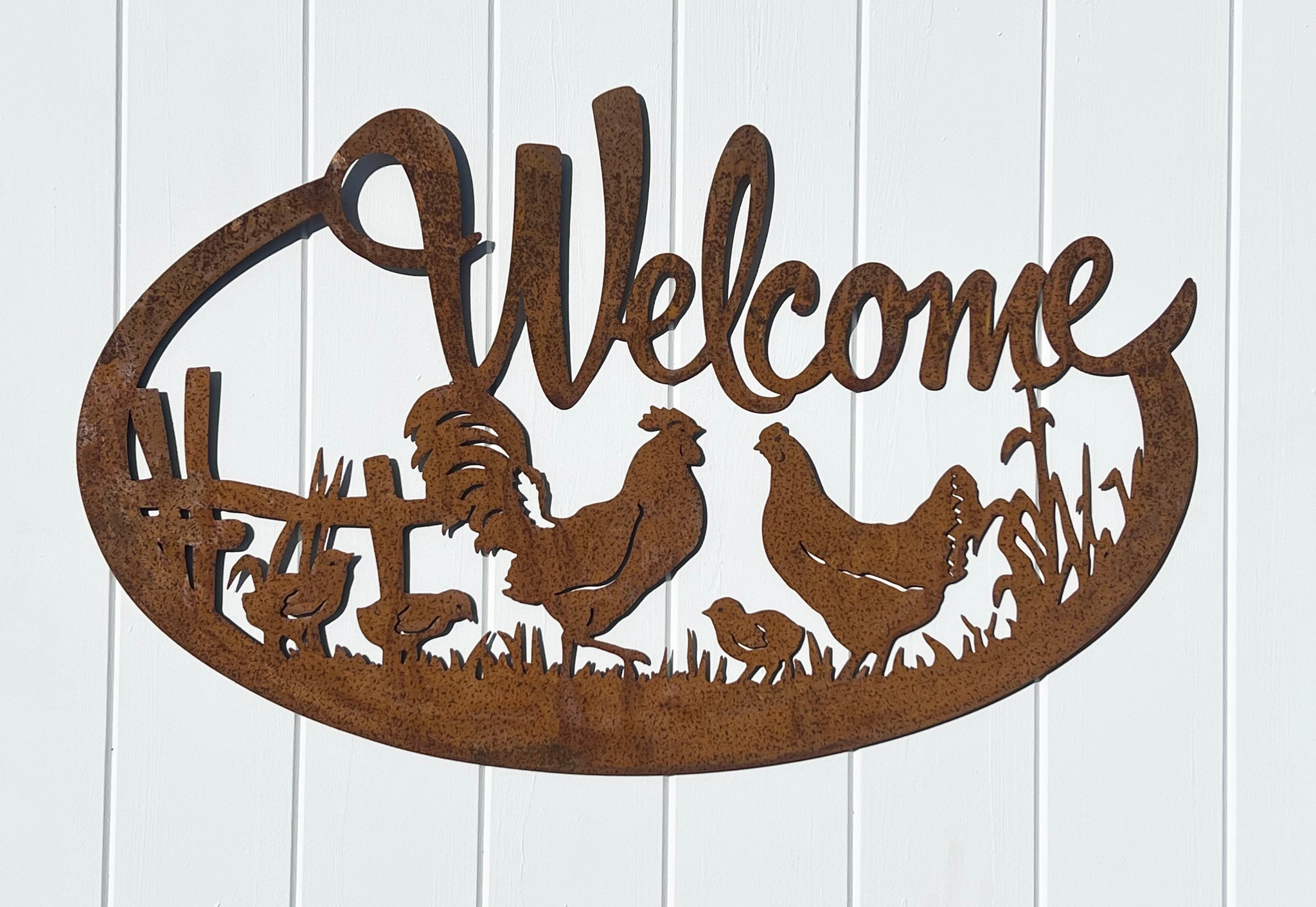 'Welcome Chickens' Metal Wall Art