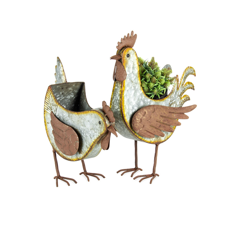 Metal Chicken Planter Duo